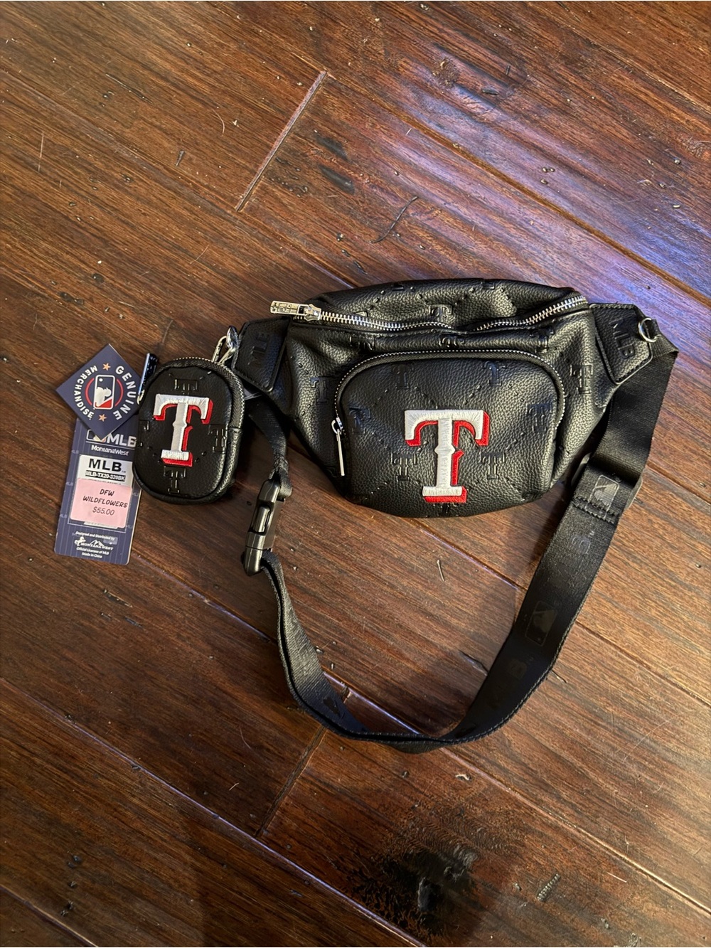 MLB Texas Rangers Black Leather Belt Bag with Red & White Logo